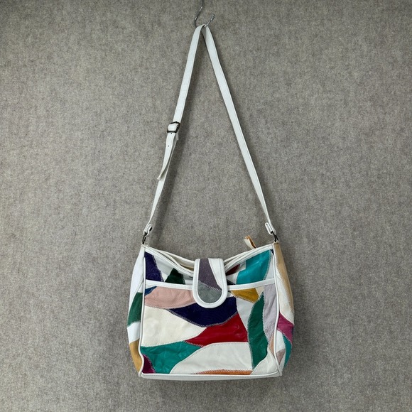 Okabashi Handbags - Vintage 80s Leather Patchwork Ladies Handbag Purse Crossbody Multicolor White
